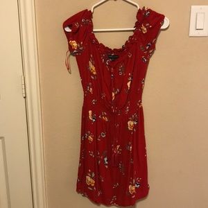 red floral off the shoulder dress